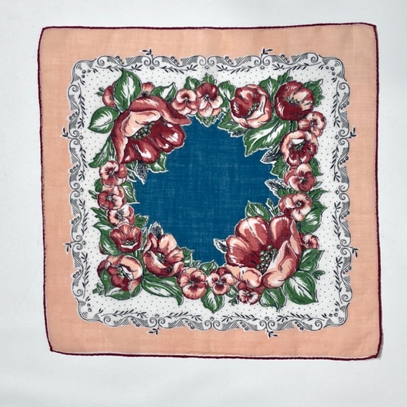 Vintage Floral Handkerchief Hanky Pocket Square Blue Peach Orange - Picture 1 of 4